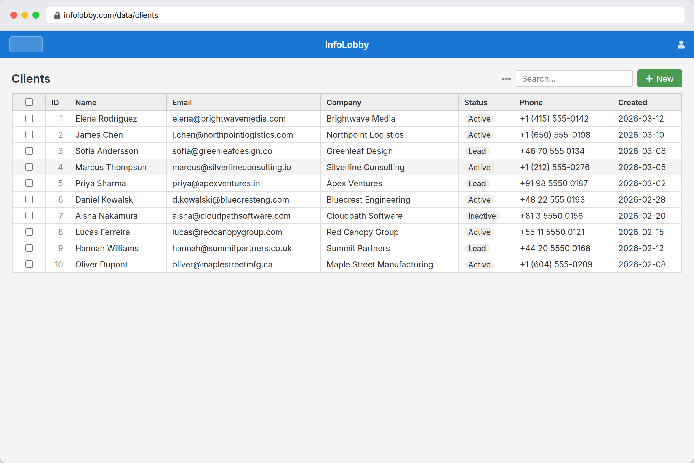 InfoLobby workspace with data grid